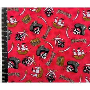 Pirate Skull Treasure Fabric Remnant Cotton 15x44"  Black White Red
